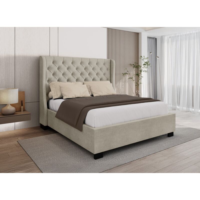 Florine - Lit coffre capitonné en tissu lin beige florine 180 x 200 cm