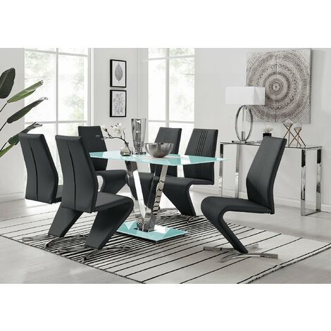Florini White Glass And Metal V Dining Table And 6 Willow Dining Chairs Set