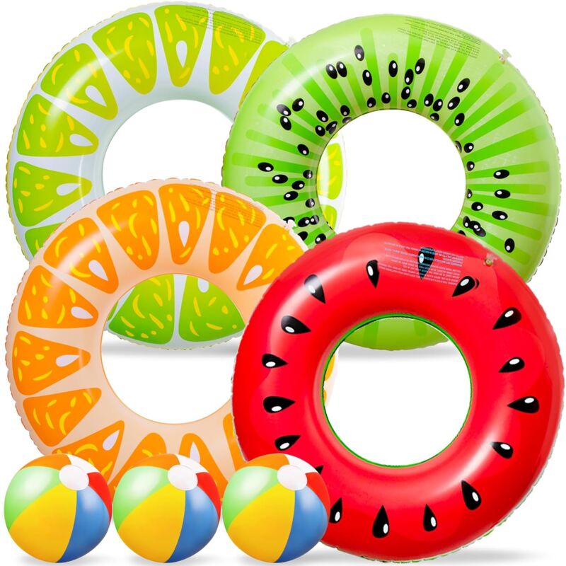 Flotteur de piscine à fruits 7 pièces : bouée de natation pastèque kiwi orange citron avec ballon de plage de 13,5 pouces – jouets de flottaison