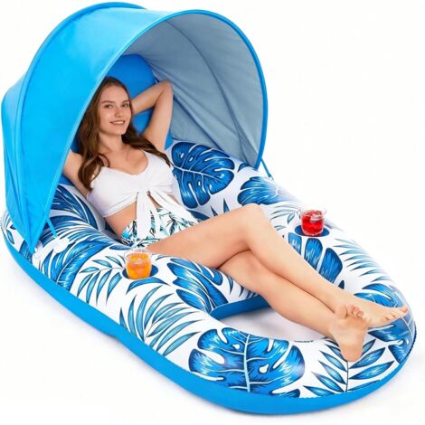 Flotteur de Piscine avec auvent pour Adulte, Chaise Longue Gonflable Piscine, lac et Plage, Porte-gobelets, idéal Les fêtes la détente. -