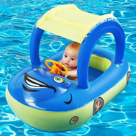 Flotteur de piscine gonflable pour bébé avec auvent, bateau de natation en forme de voiture pour bébés avec siège de sécurité pare-soleil pour tout-petit, été, plage, jeu en plein air (bleu)