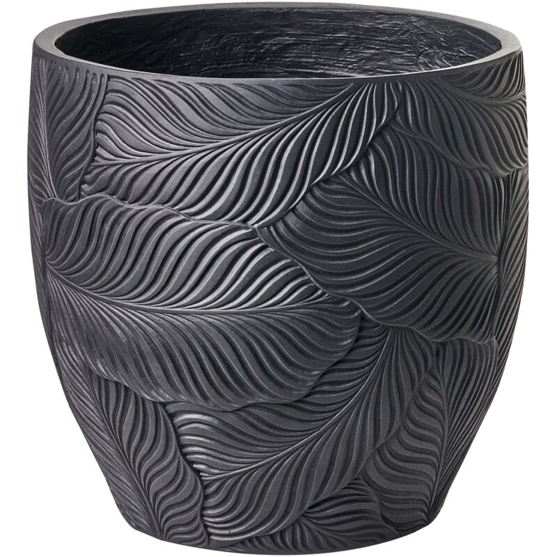Beliani Flower Pot Black Fibre Clay Painted Indoor And Outdoor Planter Round 42 X 42 X 42 Cm Leaf Pattern Modern Design Living Room Garden Baiyun