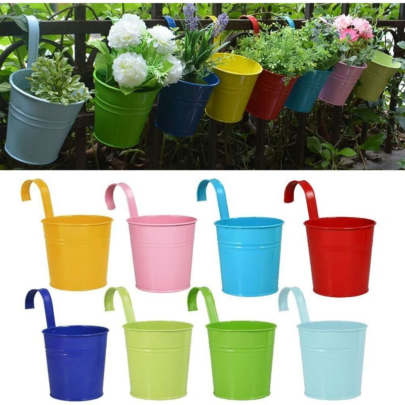 Flower Pots Hanging Flower Pots, Garden Pots Balcony Planters Metal Bucket Flower Holders - Detachable Hook (8 PCS) (Small)