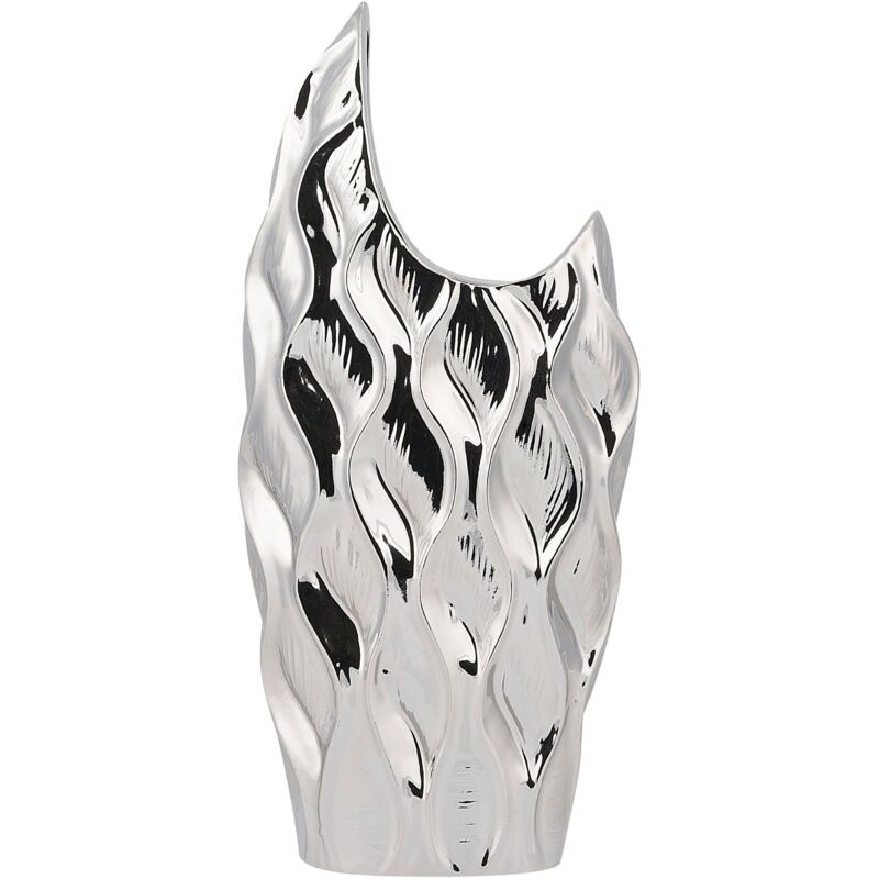 Beliani - Flower Vase Decorative Stoneware Glossy Finish Honeycomb Pattern Silver Haluza