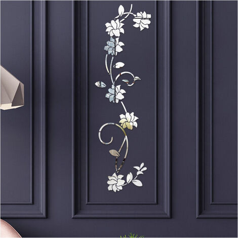 Flower Vine Acryl-Spiegel-Wandaufkleber, eleganter Wandaufkleber mit Spiegeleinstellung, klebrige Wandspiegel-Wanddekoration für Zuhause, Wohnzimmer, Schlafzimmer, Silber