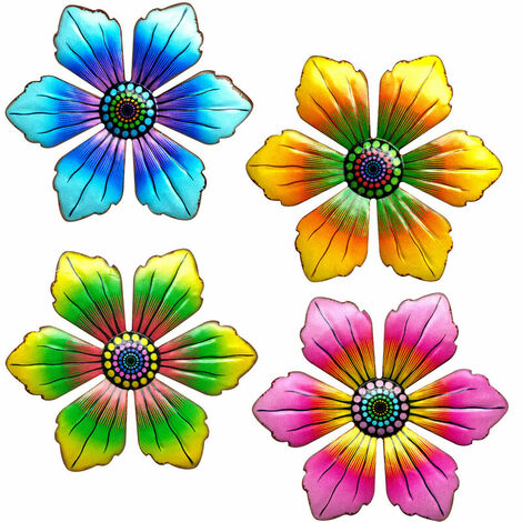 Flower Wall Art Decoration Ornaments Indoor Outdoor Garden Yard Wall Hanging Sheds Walls Fences (4 Pcs, Yellow+Blue+Green+Pink)