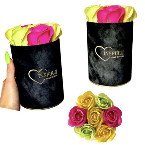 Flowerbox Inspiruj - Caja negra con rosas de jabón - n.º 17 Mix fucsia verde amarillo