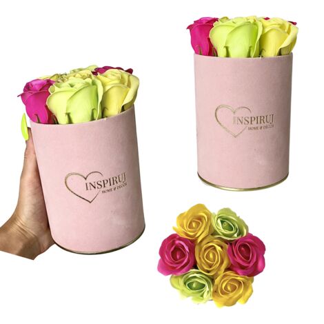 Flowerbox Inspiruj - Rosa Box mit Seifenrosen - Nr. 17 Mix Fuchsia Grün Gelb