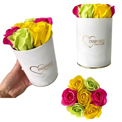 Flowerbox Inspiruj - Weiße Box mit Seifenrosen - Nr. 17 Mix Fuchsia Grün Gelb