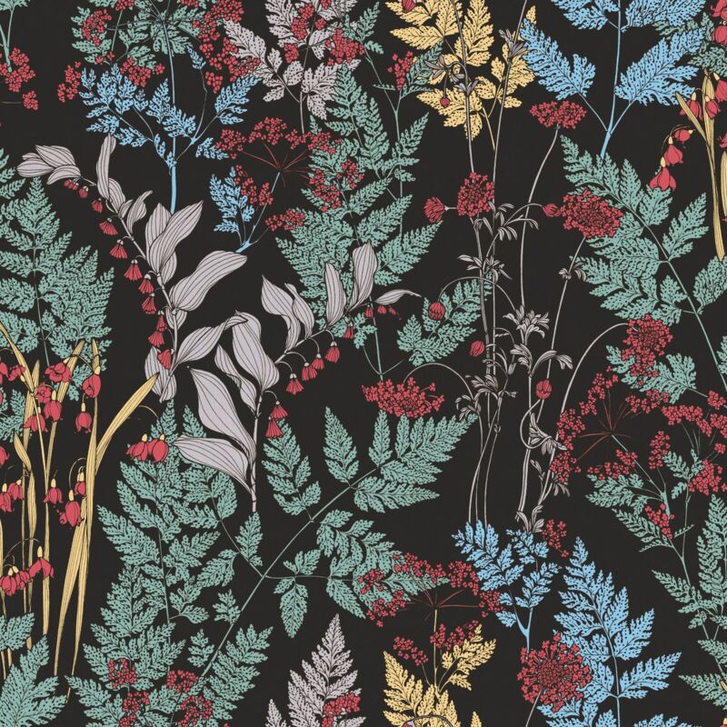 Flowers wallcovering wall Profhome 377511 non-woven wallpaper smooth with floral pattern matt black green yellow red 5.33 m2 (57 ft2) - black