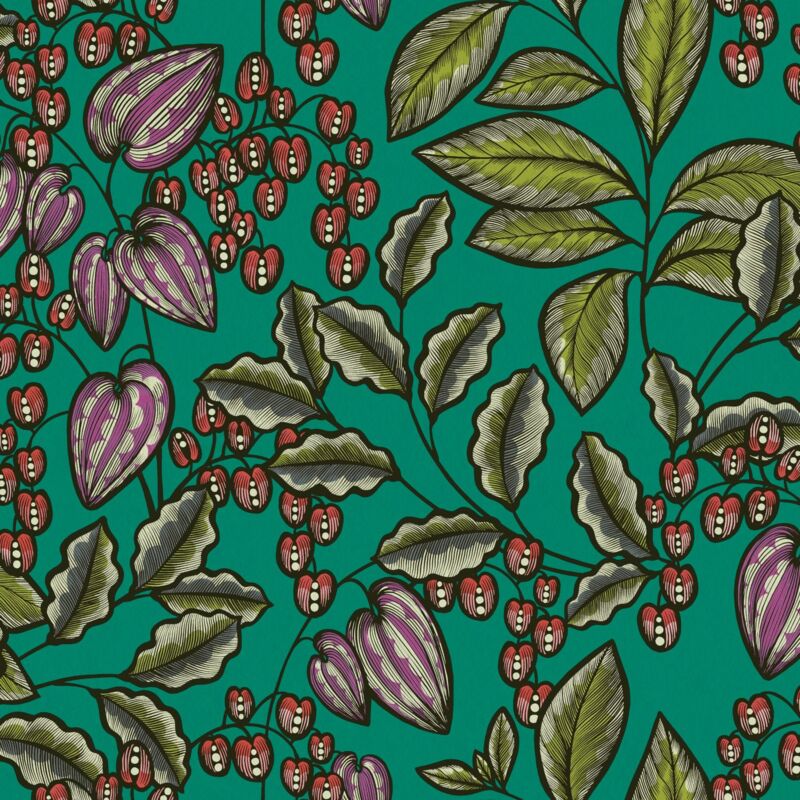 Flowers wallcovering wall Profhome 377547 non-woven wallpaper smooth with floral pattern matt green red purple black 5.33 m2 (57 ft2) - green