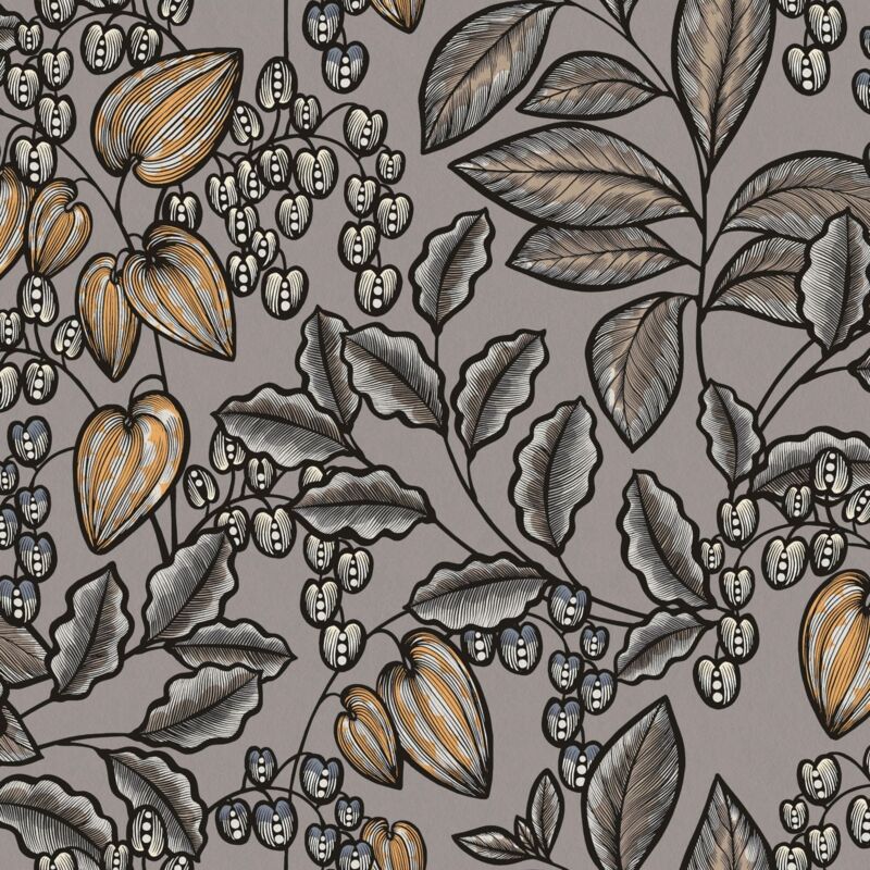Flowers wallcovering wall Profhome 377549 non-woven wallpaper smooth with floral pattern matt grey brown yellow black 5.33 m2 (57 ft2) - grey