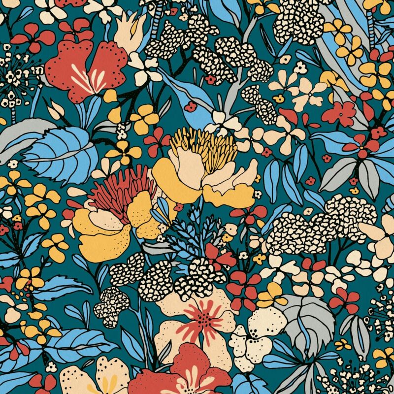 Flowers wallcovering wall Profhome 377564 non-woven wallpaper smooth with floral pattern matt blue red brown orange beige 5.33 m2 (57 ft2) - blue