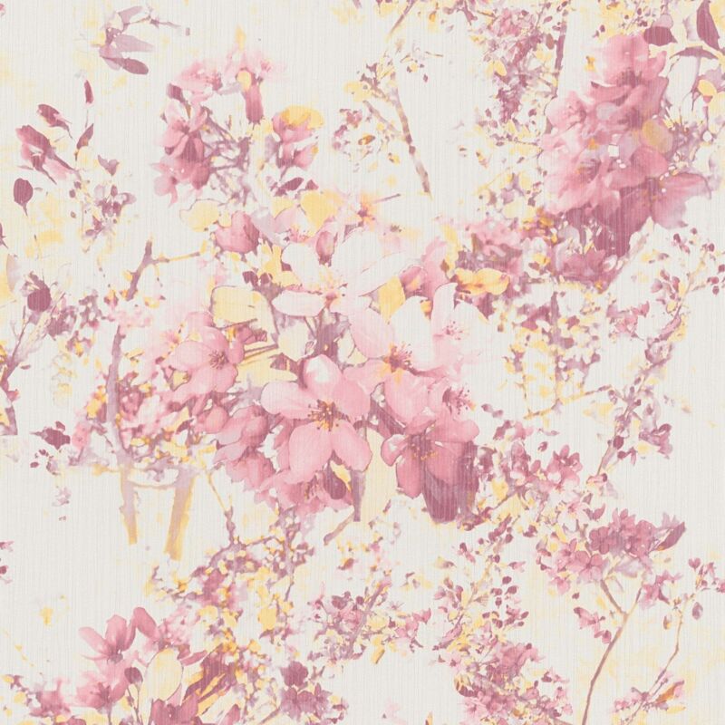 Flowers wallcovering wall Profhome 378161 non-woven wallpaper slightly textured with floral pattern matt pink yellow white 5.33 m2 (57 ft2) - pink