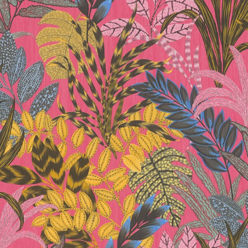 Flowers wallcovering wall Profhome 378602 non-woven wallpaper slightly textured with exotic design matt pink fuchsia yellow blue 5.33 m2 (57 ft2)