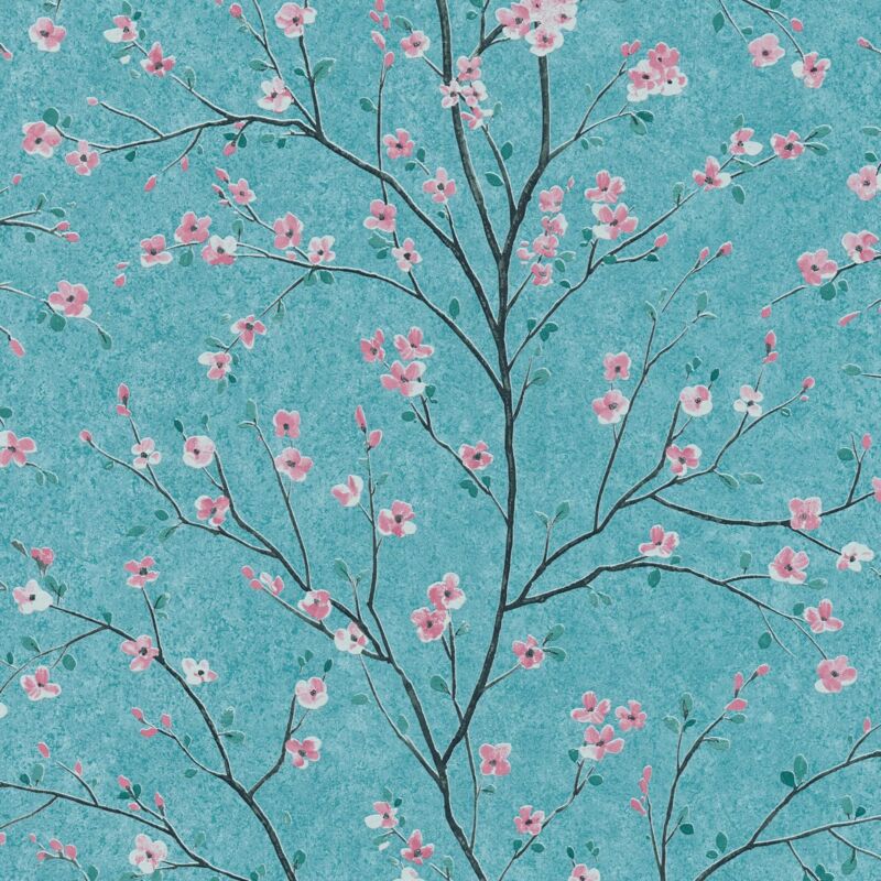 Profhome - Flowers wallcovering wall 379123 non-woven wallpaper slightly textured with floral pattern matt turquoise pink black grey 5.33 m2 (57 ft2)