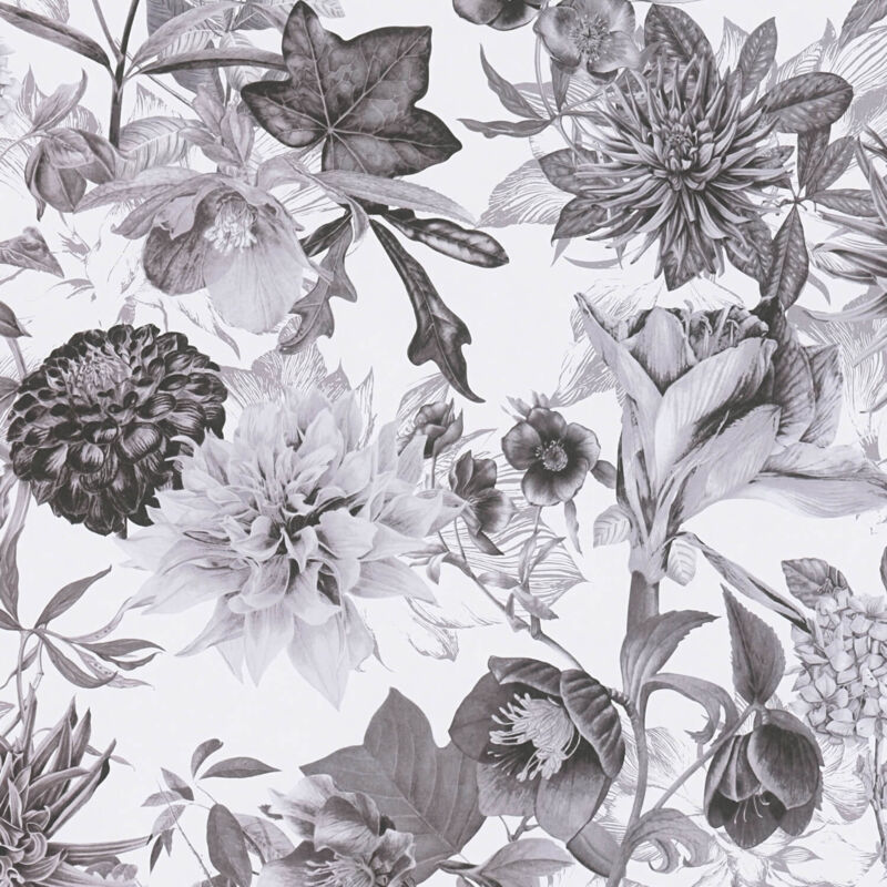 Profhome - Flowers Wallcovering Wall 381753 Smooth Non-woven Non-textured Wallpaper With Floral Ornaments Matt Grey Black White 5.33 M2