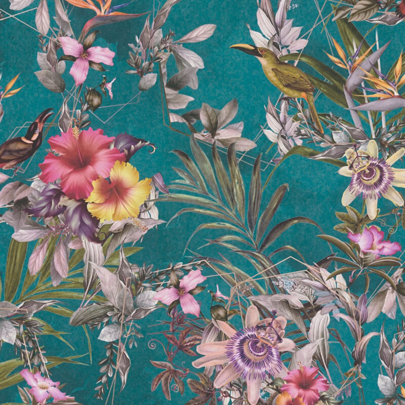 Profhome - Flowers Wallcovering Wall 381783 Smooth Non-woven Non-textured Wallpaper With Floral Ornaments Matt Turquoise Green Pink Orange Yellow 5.33