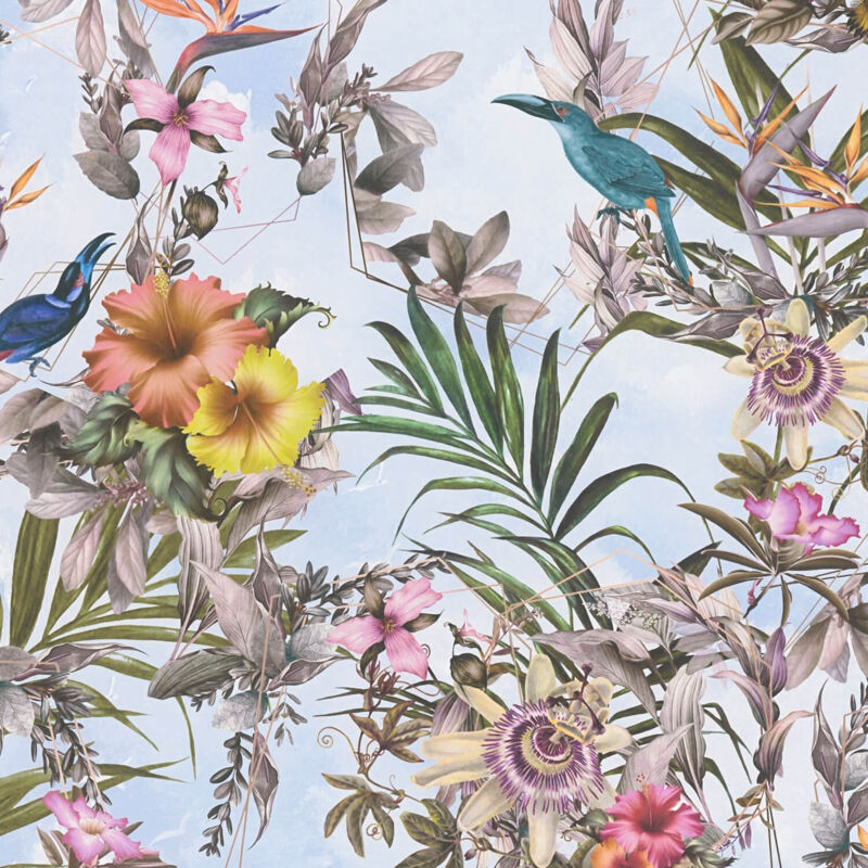 Profhome - Flowers Wallcovering Wall 381784 Smooth Non-woven Non-textured Wallpaper With Floral Ornaments Matt White Green Yellow Blue 5.33 M2