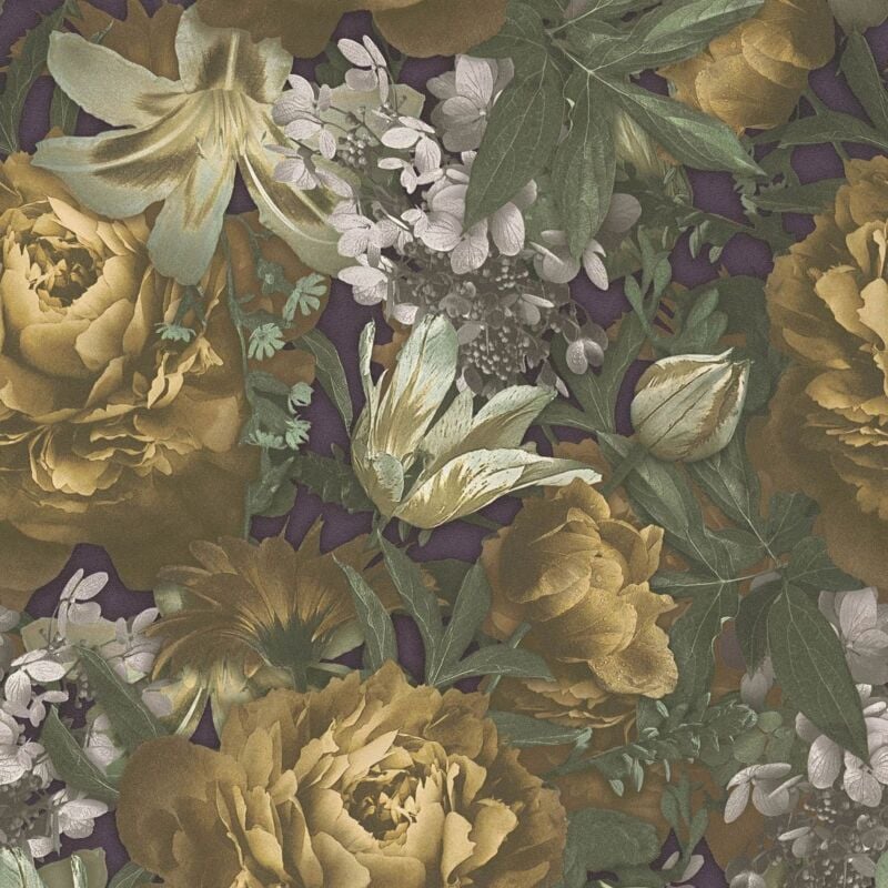 Flowers wallcovering wall Profhome 385092 hot embossed non-woven wallpaper smooth with floral pattern matt yellow green violet grey 5.33 m2 (57 ft2)