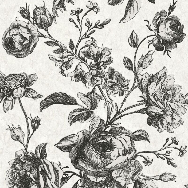 Flowers wallcovering wall Profhome 387002 non-woven wallpaper slightly textured with floral pattern glittering cream oyster white black grey 5.33 m2