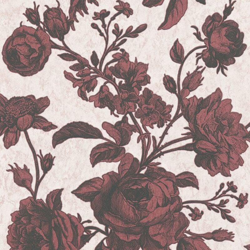 Flowers wallcovering wall Profhome 387004 non-woven wallpaper slightly textured with floral pattern matt pink red black 5.33 m2 (57 ft2) - pink