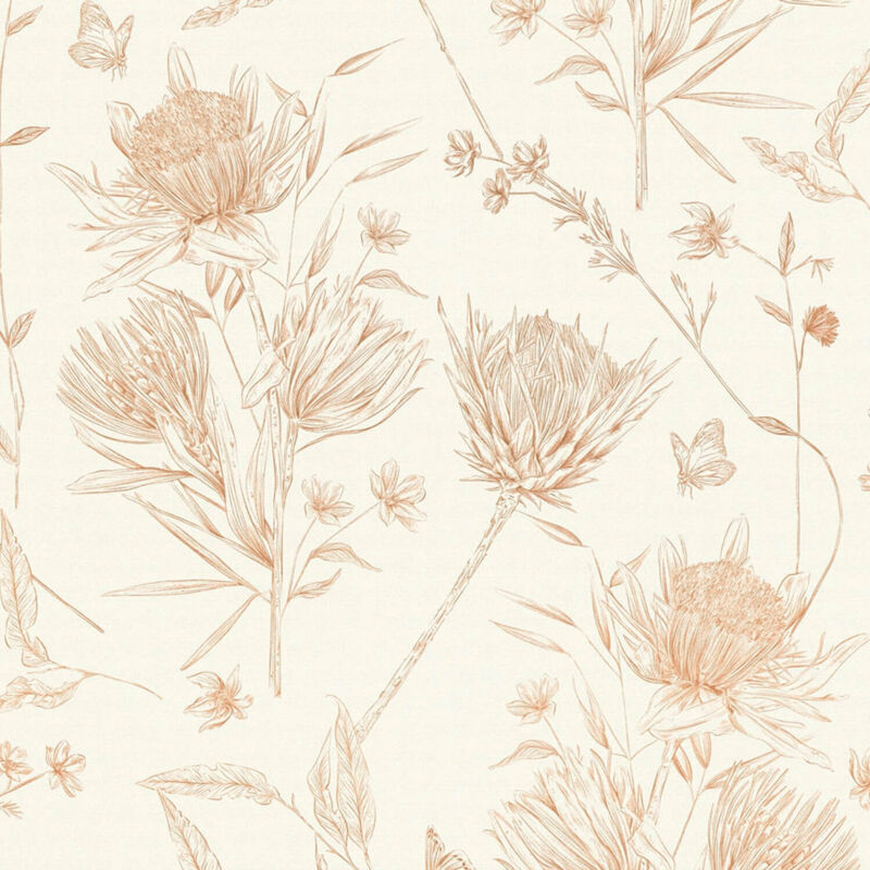 Profhome - Flowers Wallcovering Wall 394271 Hot Embossed Non-woven Wallpaper Slightly Textured With Floral Ornaments Matt White Brown Beige Orange