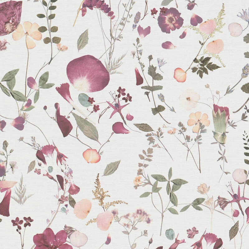 Profhome - Flowers Wallcovering Wall 397461 Hot Embossed Non-woven Wallpaper Slightly Textured With Floral Ornaments Matt White Violet Pink Green 5.33
