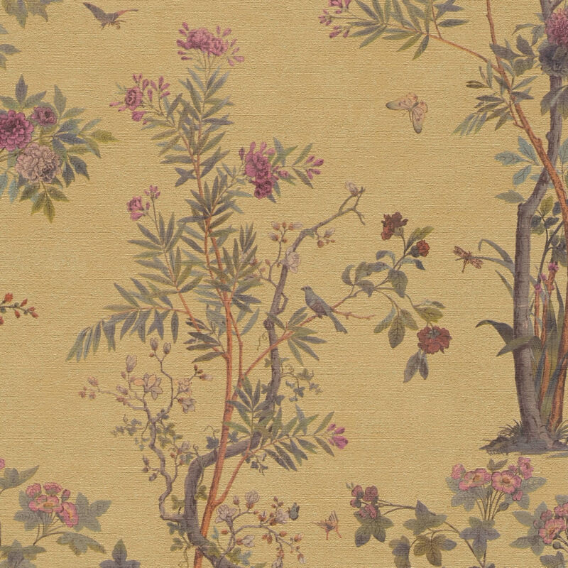 Flowers Wallcovering Wall Profhome 790432 Hot Embossed Non-woven Wallpaper Slightly Textured With Floral Ornaments And Metallic Effect Gold Olive
