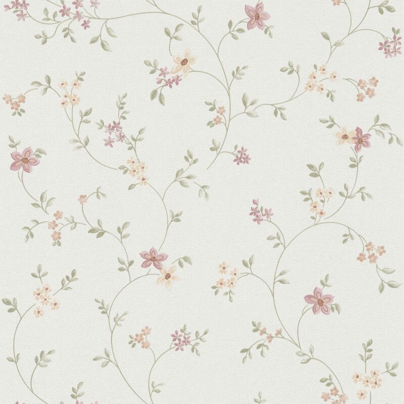 Profhome - Flowers wallcovering wall 937701 non-woven wallpaper textured with floral pattern matt white green cream antique pink 5.33 m2 (57 ft2)