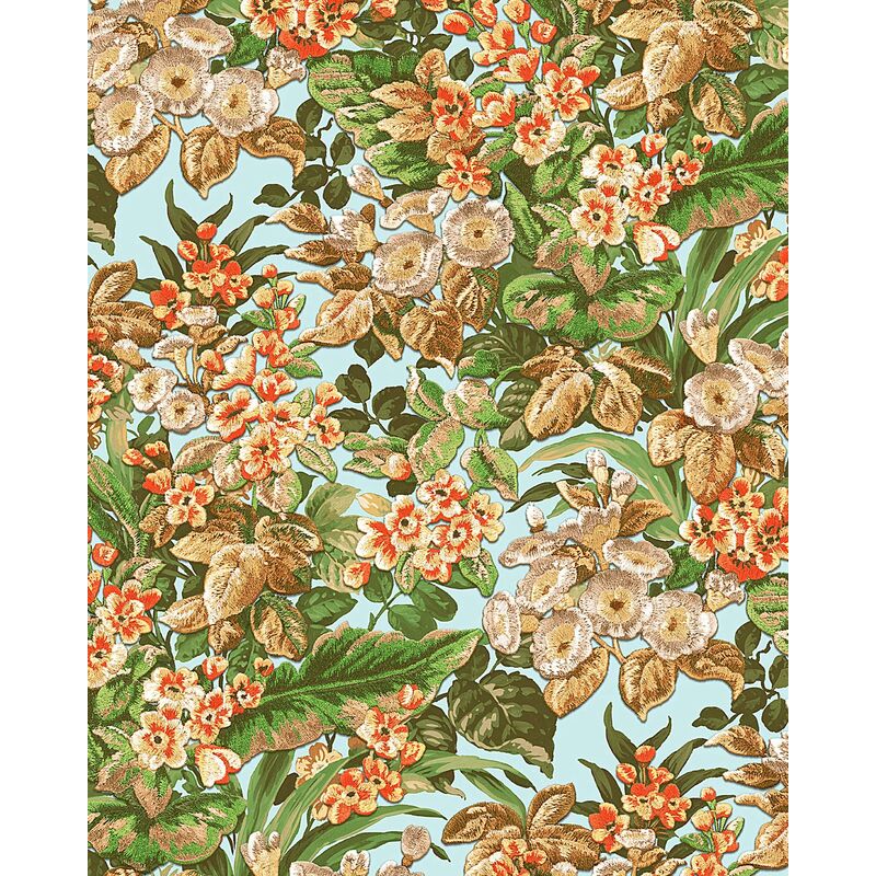 Flowers wallcovering wall Profhome BA220022-DI hot embossed non-woven wallpaper embossed with floral pattern matt blue light blue green orange 5.33