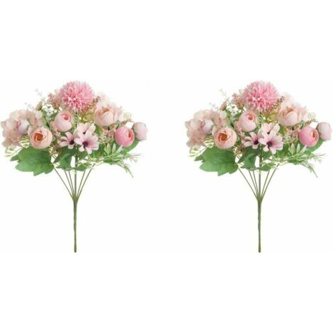 Fls Artificielles 7 Branches Soie Camélia Marguerites Artificielles Feuille Hortensia Mariage Décor Floral Bouquet 2pcs (Rose)