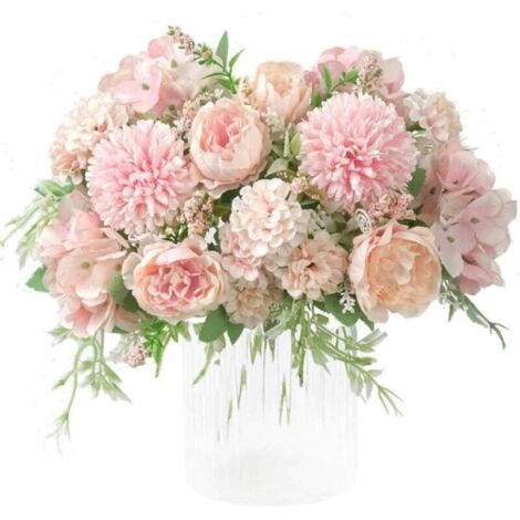 Fls artificielles, faux bouquet de pivoine en soie hortensia décor oeillets en plastique arrangements floraux réalistes décoration de mariage centres de table 2 paquets rose clair