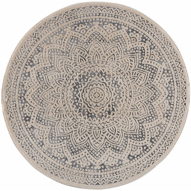 Tapis Rond Scandinave à franges tressées Crème et Gris (Gris et Crème - 120x120cm)
