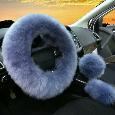 FlufYY Cubierta de Freno de Mano Cubierta de Cambio de Marchas Fuzz Cálido Antideslizante Decoración del Coche Juego de 3 Piezas Mujer Invierno Moda Lana Peluda Piel Suave Cubierta del Volante Gris Az