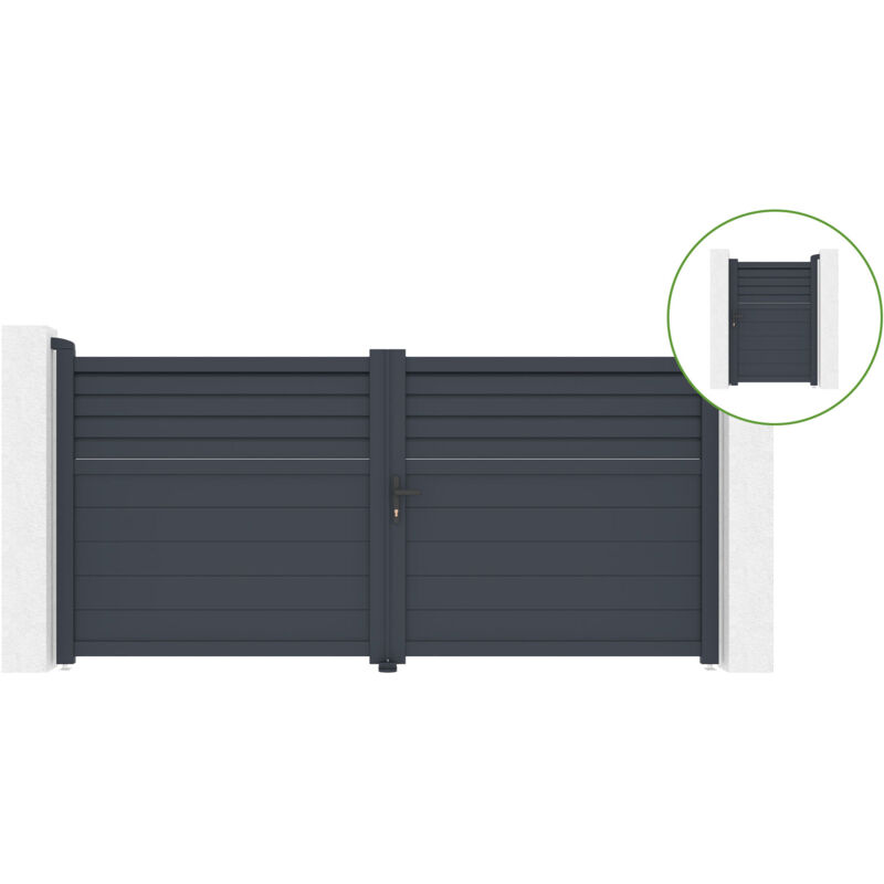 Portail battant 3m carpatia h. 140 cm alu + Portillon 1m carpatia H.140 alu gris
