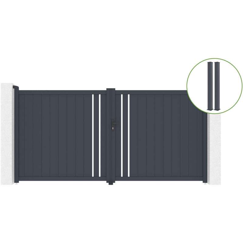 Portail battant 3,5m GIONA H.180cm alu + 2 poteaux EIFEL 15x15cm H.190cm GRIS