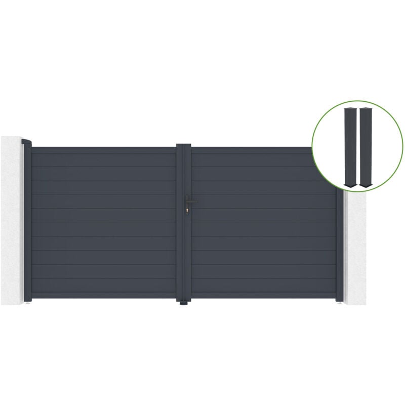 Portail battant 3,5m EIGER H.180cm alu gris + 2 poteaux 20x20cm H.190cm