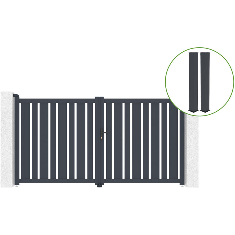 Portail battant 3m VEYMONT H.160cm alu gris + 2 poteaux 20x20cm H.190cm
