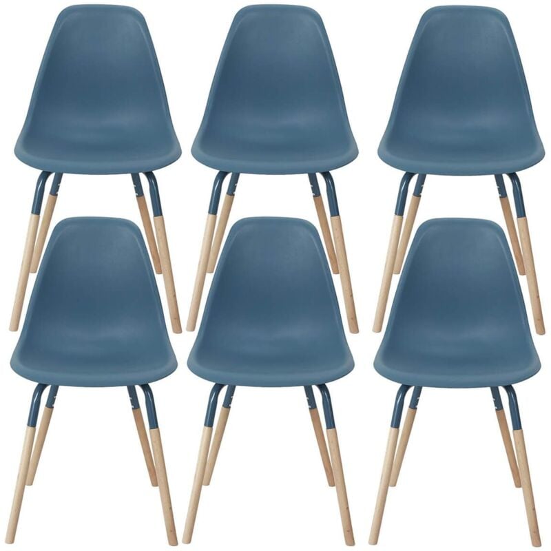 Altobuy - fluk - Lot de 6 Chaises Polypropylène Bleu et Bois