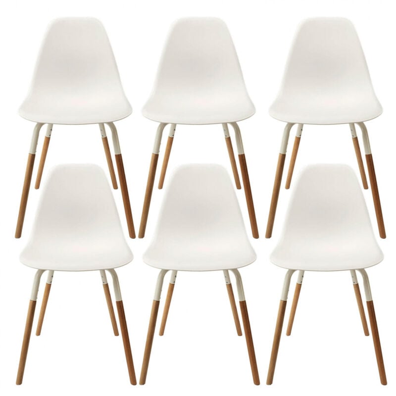 Altobuy - fluk - Lot de 6 Chaises Polypropylène Blanc et Bois