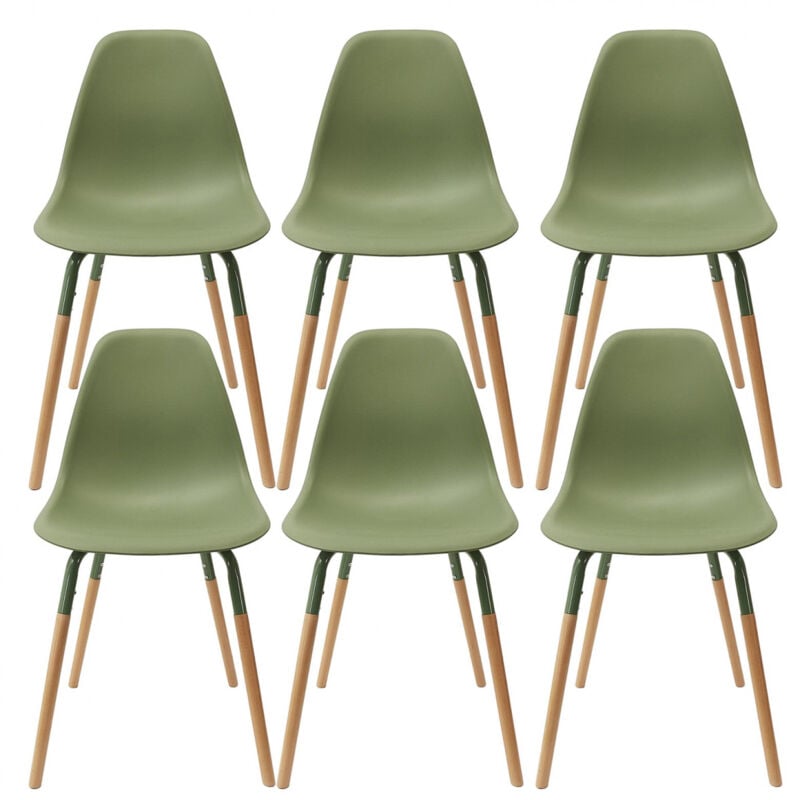 Altobuy - fluk - Lot de 6 Chaises Polypropylène Vert et Bois