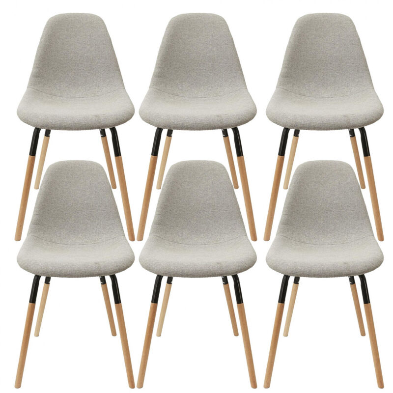 Altobuy - fluk - Lot de 6 Chaises Tissu Gris Chiné Clair et Bois