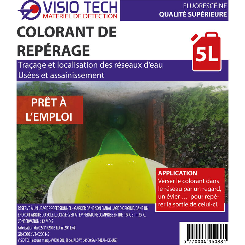 Visio Tech - Fluorescéine prêt à l'emploi, 5L - Colorant de traçage fluorescent