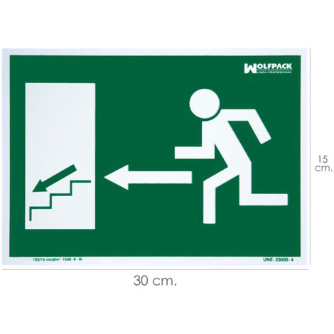Fluoreszierendes Schild Exit Left Stair Down 21x30 cm.