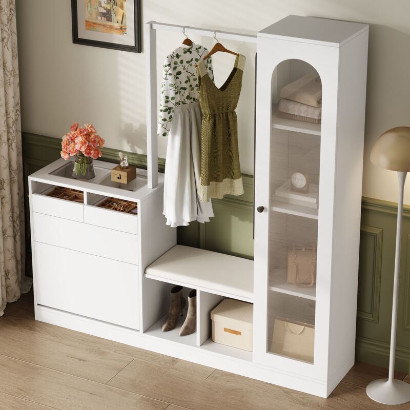 Modenvie Flurmöbel Mit Vitrine, Schuhbank, Drehspiegel Und Led, Aus Spanplatte, 163 X 50 X 161 Cm, Weiß