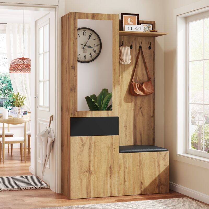 Stilvora Flurmöbel Set Mit 5 Haken, Spiegel, Sitzbank Und Schuhschrank, Modern, Aus Mdf, Schwarz Natur, 98, 5×38×191 Cm