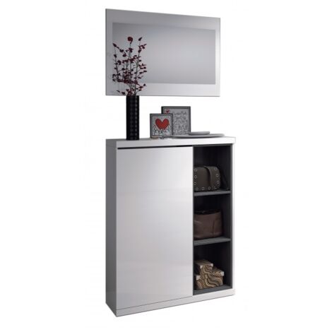 Flurmöbel 79x25x108h cm mit Schuhregal und Spiegel, weiß hochglanz aschgrau – Alhena