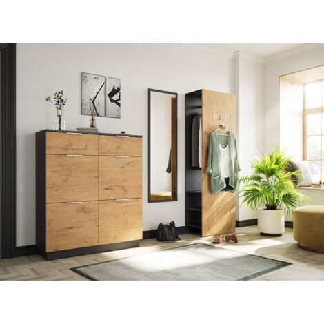 Flurmöbel-Set Central 3tlg Spiegel Schuhschrank 22 Paar Oak