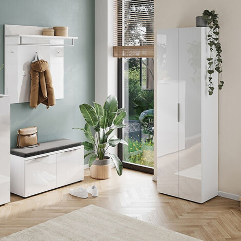 Flurmöbel Set weiß mit Glasfronten 3-teilig inkl. Sitzpolster GENEVA-01